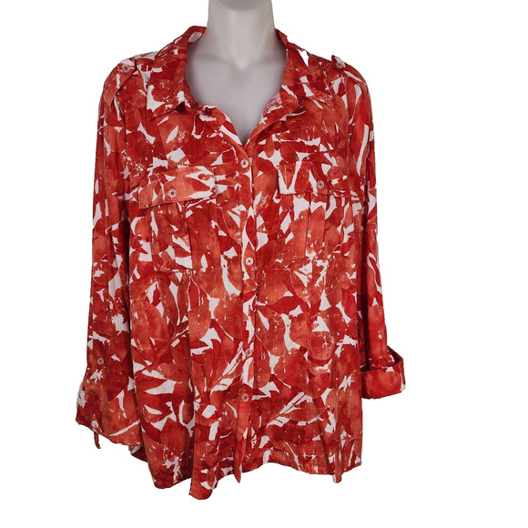 Brandon Thomas Womens Top Large Linen Blend Button Printed Front Pocket 3/4 Roll - Picture 1 of 9